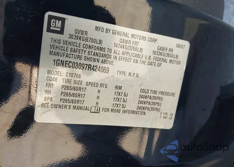 2007 Chevrolet Tahoe Police from USA, damaged, VIN 1GNEC03097R424069